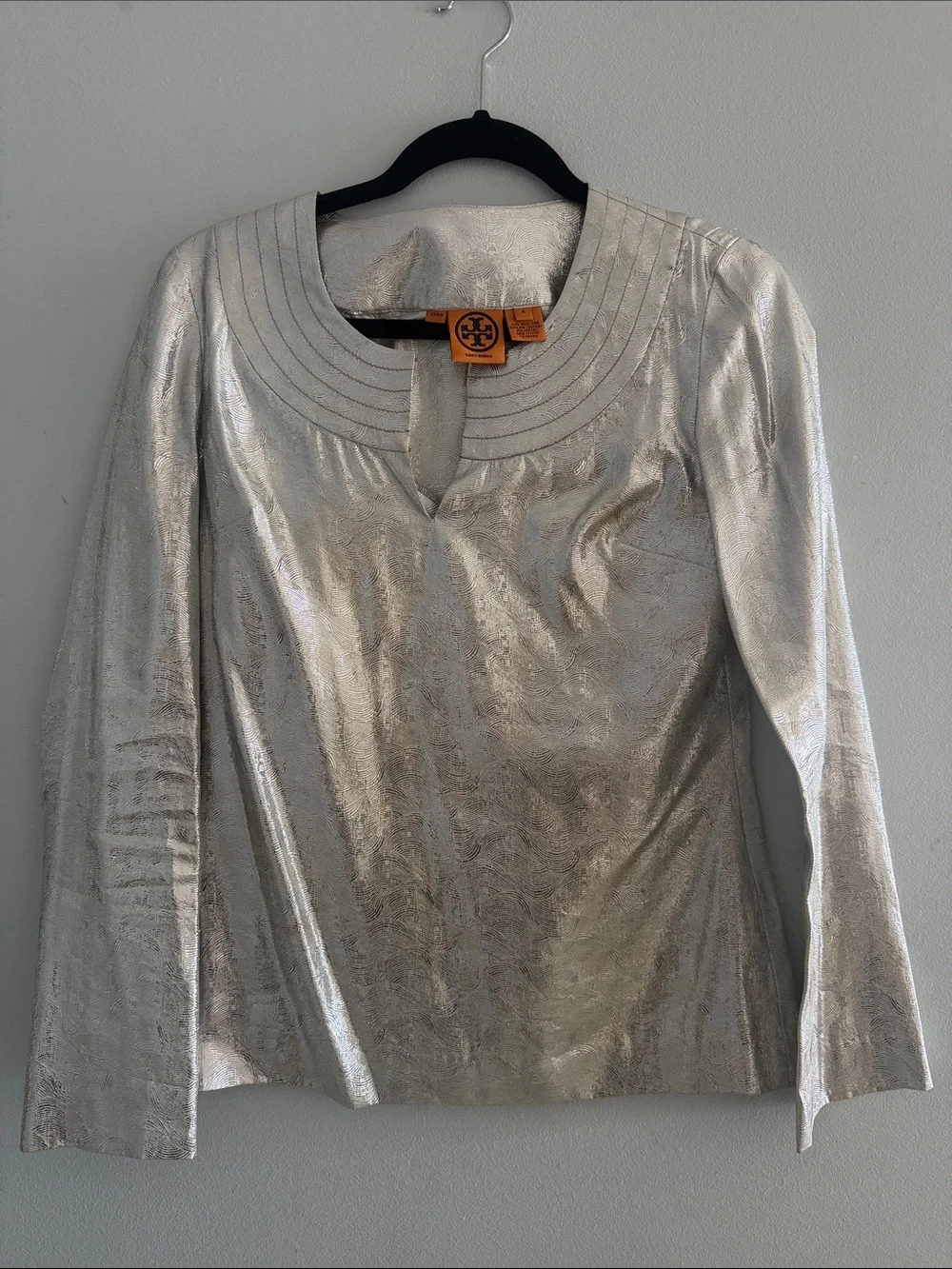 Vintage Tory Burch Metallic Silver Long-Sleeve Scoop-Neck Blouse